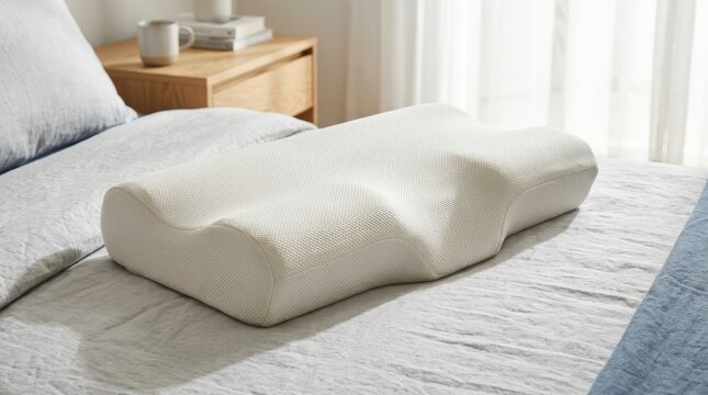 White ergonomic contour support pillow on a bed. Orthopedic memory foam neck cushion for healthy sleep and posture