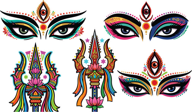 Colorful indian goddess durga eyes and trishula trident symbols set for religious festival celebration