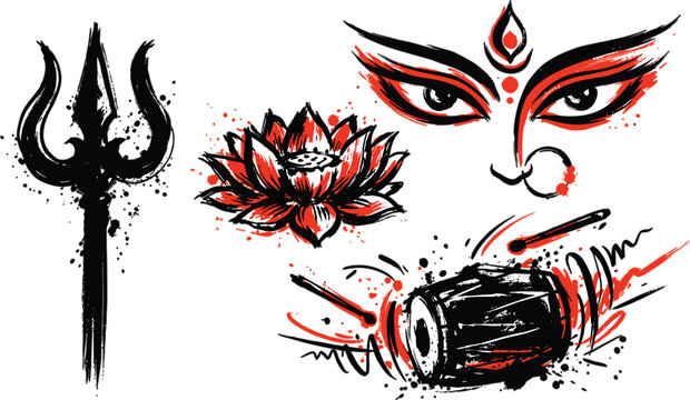 Hand drawn ink of hindu goddess durga eyes, lotus flower, and trishula trident symbol on a white background