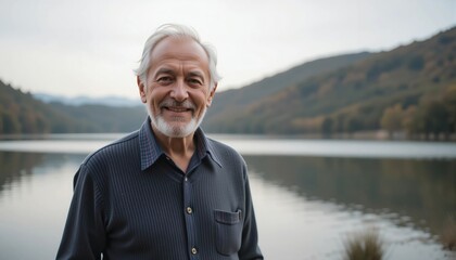 Fototapeta premium Smiling Senior Man Beside Calm Mountain Lake