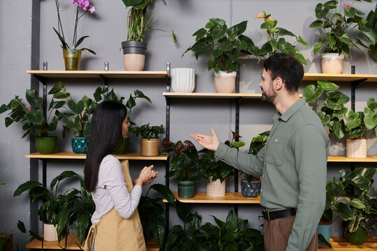 Beautiful florist engages with a client while surrounded by vibrant plants and flowers.