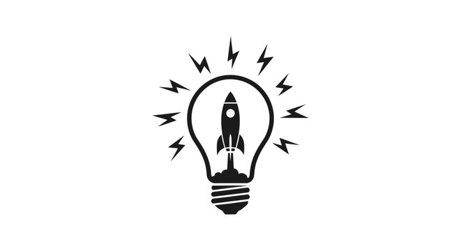 Rocket ship inside light bulb icon.