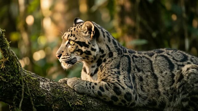 clouded leopard in rainforest habitat thailand golden light close up video