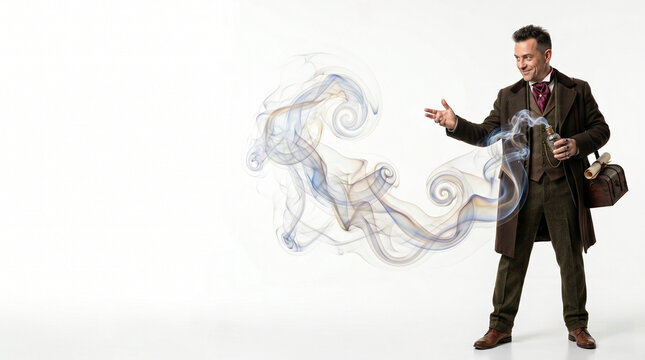 A Victorian gentleman conjures whimsical smoke swirls, his coat tails flowing and a satchel slung over his shoulder, creating an aura of mystery and enchantment.
