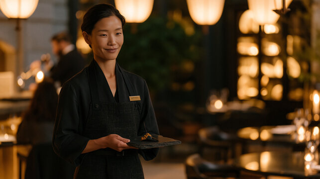 Tasting menu server presents single amuse-bouche on obsidian slate tile to solitary seated guest in sparse fine dining room at twilight, soft pendant lighting overhead, empty