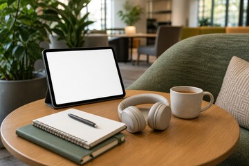 Fototapeta premium Workstation setup with tablet, notebook, and coffee in a modern cafe