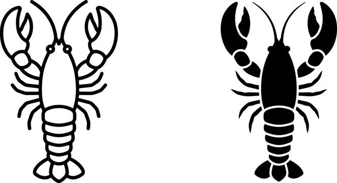 Lobster seafood icons featuring outline and solid artistic silhouettes crustacean shellfish restaurant silhouette minimalist creature wildlife