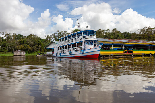 Regional tourist boat moored at Parque Ecologico Januari in Manaus Amazon rainforest