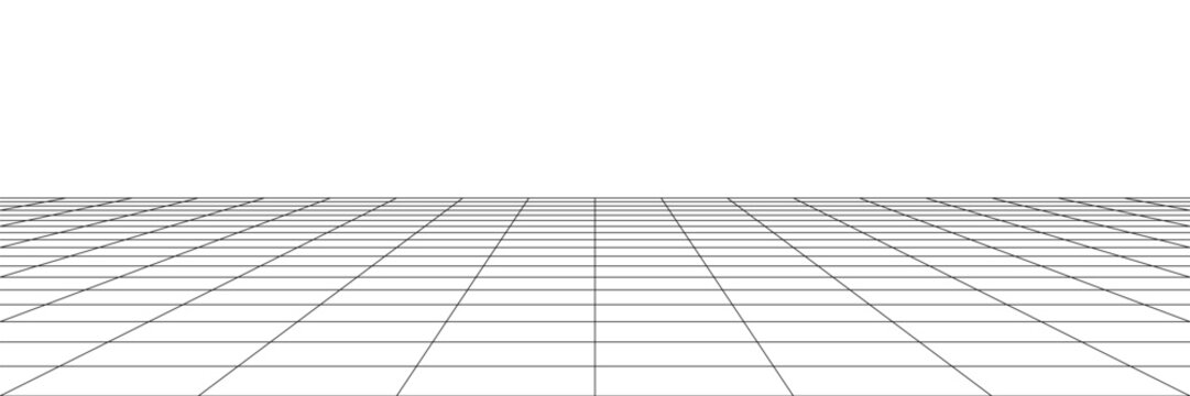 Arcade grid floor and lab ai perspective ground. 3D y2k game line bg, one vanishing point infographic. Space isometric pattern, simple black tile. Math flat podium in minimal vortex futuristic effect