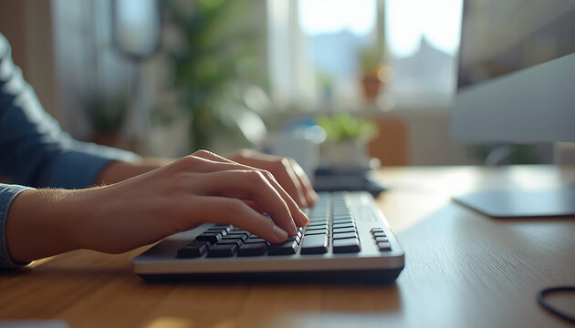 Typing on Laptop Keyboard in Warm Home Office with Soft Natural Light
