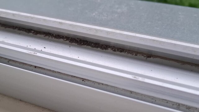Filthy silver window sill rail requires deep cleaning service, showcasing home maintenance problems. Neglected aluminum sliding window track with accumulated dirt. Sticky dust, grime layers on frame