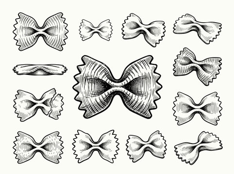 Hand drawn farfalle pasta sketch vector, vintage engraving style bow tie noodle isolated on white background