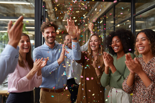 Corporate team celebrating a success in a modern office, high-fives, clapping, smiling faces, confetti falling, business casual clothing, glass partitions background, vibrant joyful atmosphere, divers