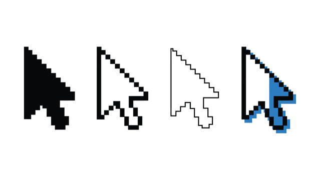 Collection of pixelated computer mouse cursor icons in different colors and styles side by side