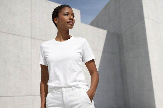 Confident woman in minimalist architecture
