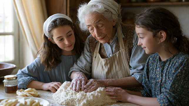 Elderly Rosh Hashanah celebrant teaching her adult daughter and grandchildren to prepare traditional foods in a warm kitchen, a honey jar and apple slices arranged on the counter,