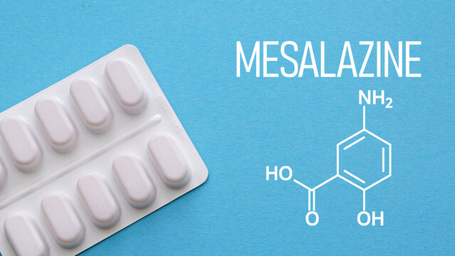 Mesalazine anti-inflammatory drug concept used in treatment of inflammatory bowel disease, ulcerative colitis therapy, gastrointestinal health and pharmaceutical medical care