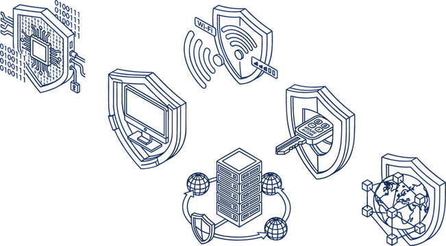 Isometric cyber security and network shield icon vector set with data server, firewall protection, wireless connection, key access, and digital globe.