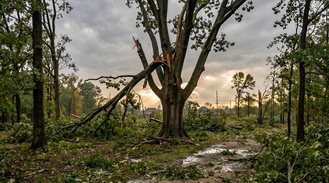 Storm Damage in Forest with Broken Trees and Debris.