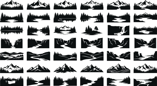 Black and white of various mountain peaks and landscapes mountains silhouette