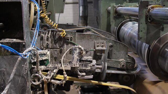 Close up view of heavy automated machinery processing and cutting corrugated cardboard layers with rotating circular blades in a packaging manufacturing plant.