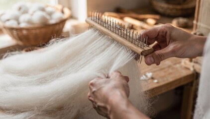 Naklejka premium Closeup of hands carding soft cotton fibers preparing and aligning them into smooth slivers for textile spinning in a bright artisan workshop.