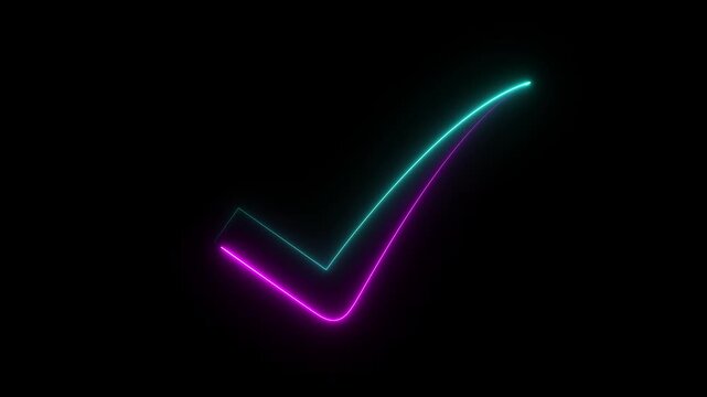 Dual Color Check Mark Symbol with Neon Purple and Cyan Glow in Modern Verification Design on Dark Minimal Background