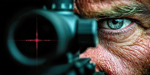 Obraz premium Intense sniper eye behind rifle scope in extreme closeup