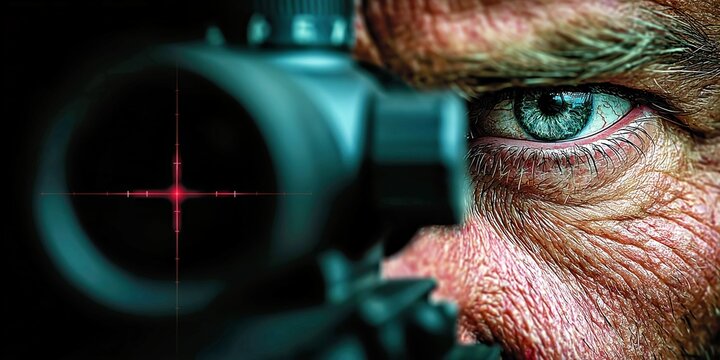 Intense sniper eye behind rifle scope in extreme closeup