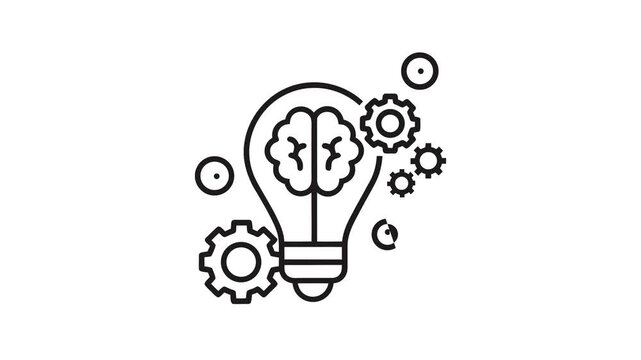 Path Reveal Outline Animation of Creative Idea Light Bulb with Brain and Gears on Transparent Background
