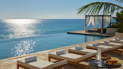 Fototapeta premium Infinity pool overlooking the blue ocean with luxury lounge chairs and cabana on a sunny day at tropical resort
