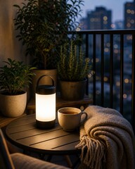 Obraz premium Cozy balcony with a lantern, a cup of coffee, and plants during twilight in a city