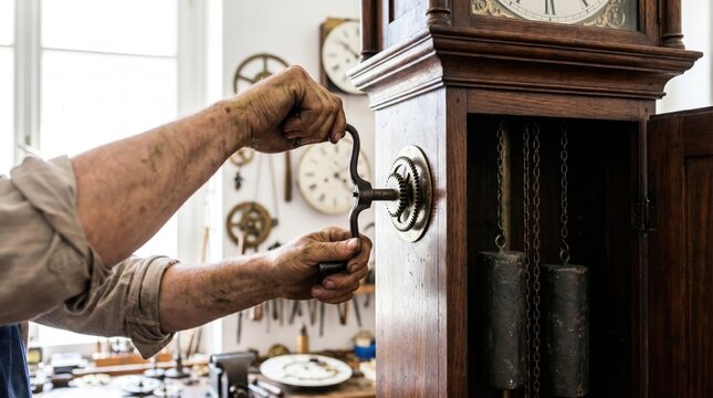 Clockmaker winding the gears of an antique wooden grandfather clock with a metal crank key