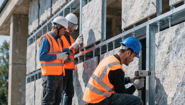 Medium shot of workers installing stone cladding panels on a building exterior focusing on anchor placements and secure frame attachments for a durable facade. Medium shot