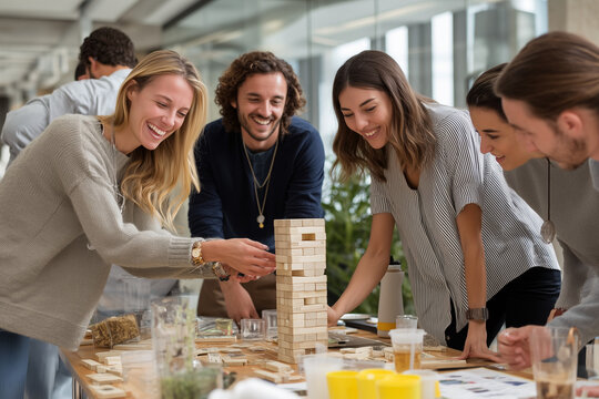 Corporate team playing tower block stacking game during indoor team-building activity in office
