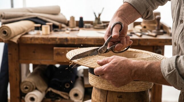 Hat maker using vintage scissors to trim the brim of a woven straw hat in a workshop