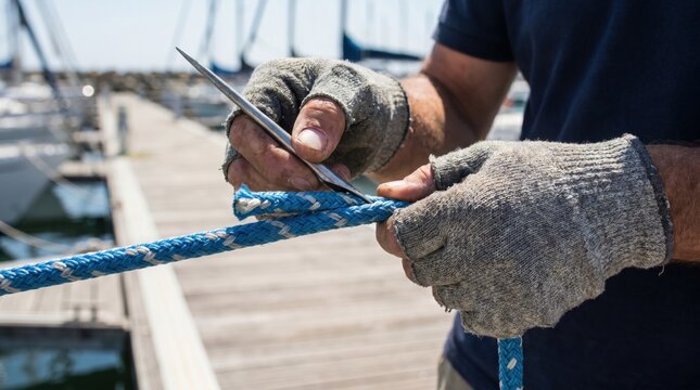 Sailor wearing fingerless gloves using a metal fid tool to splice a thick blue nautical rope on a dock