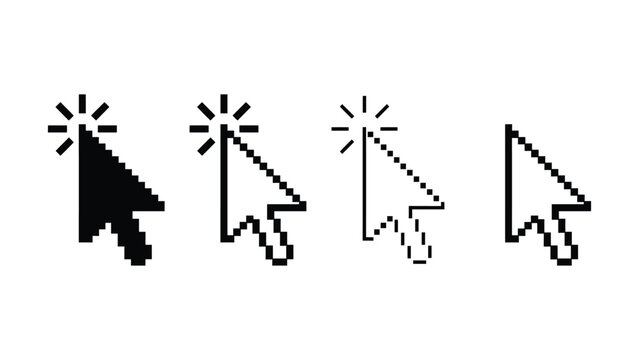 Four different pixelated computer mouse cursor icons with explosion effects