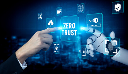 Obraz premium Human Hand and Robotic Hand Interacting with Digital Icons in Cybersecurity Theme Representing Zero Trust Concept for Modern Technology Solutions. Glyphic.