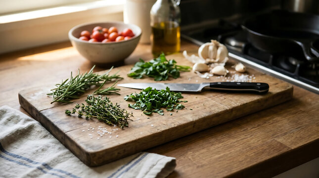 Fresh herbs and chef knife on a wooden cutting board. Kitchen counter with cooking ingredients and olive oil. Healthy meal preparation concept