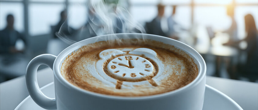 Morning office coffee break concept. Hot steaming cup of coffee with alarm clock latte art on foam, blurred business people working in modern corporate workspace background, long banner
