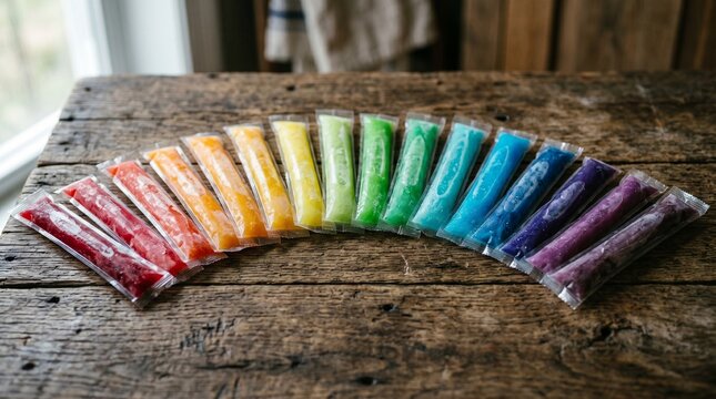 vibrant frozen popsicles rainbow colors arranged wooden surface summer treat
