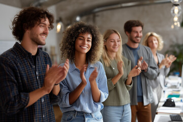 Fototapeta premium Group of employees clapping and celebrating successful project in modern office 