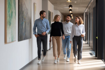 Fototapeta premium Group of colleagues casually walking and discussing work in a modern office hallway 