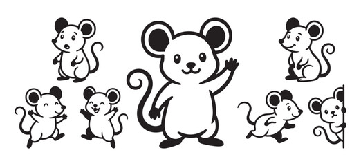 Obraz premium Cute Cartoon Mouse Collection in Black Outline Vector Set