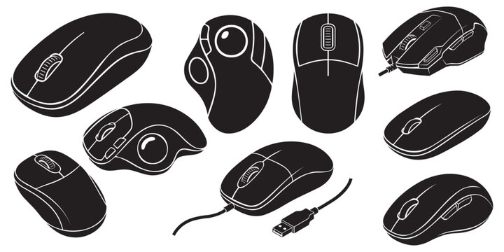 Computer Mouse Icons Collection in Black Silhouette Vector Set
