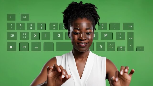 Woman typing on a holographic keyboard with floating digital keys against a vibrant green background in a cinematic motion
