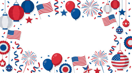 Obraz premium Patriotic border frame with american flags, balloons, lanterns, fireworks, and confetti isolated on white background for independence day or 4th of july celebrations