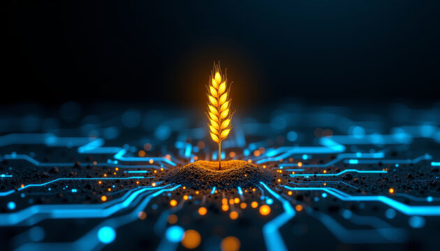 Futuristic agriculture concept featuring radiant golden wheat emerging from a high tech circuit board
