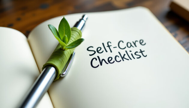 Close up of a green plant sprout on a business notebook highlighting the importance of self care and wellness in everyday life